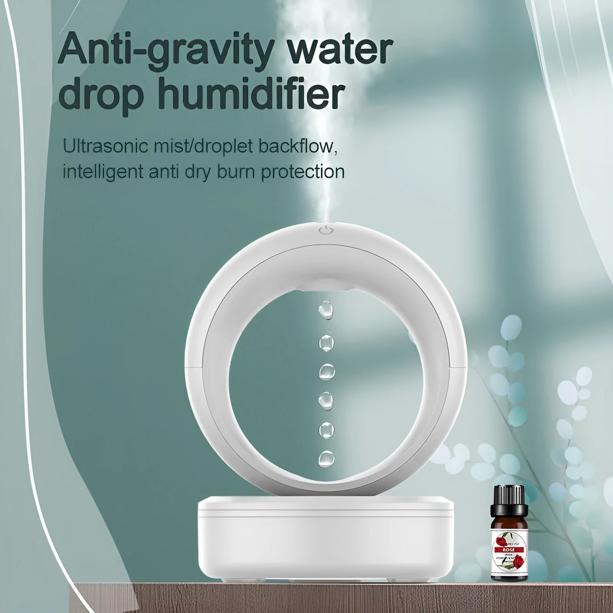 White round USB-powered anti-gravity humidifier creating optical illusion of levitating water droplets