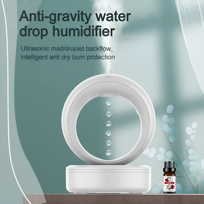White round USB-powered anti-gravity humidifier creating optical illusion of levitating water droplets