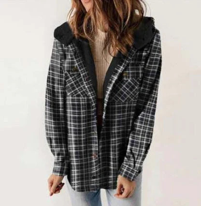 Casual Plaid Hooded Woolen Coat with fleece lining in various colors