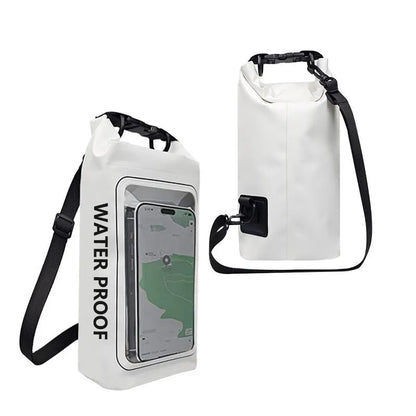 Army green PVC waterproof crossbody bag for mobile phones on a beach.