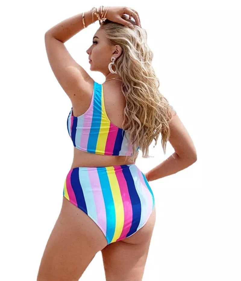 Women's plus size split bikini in multicolour, blue, and black options for swimming and wading