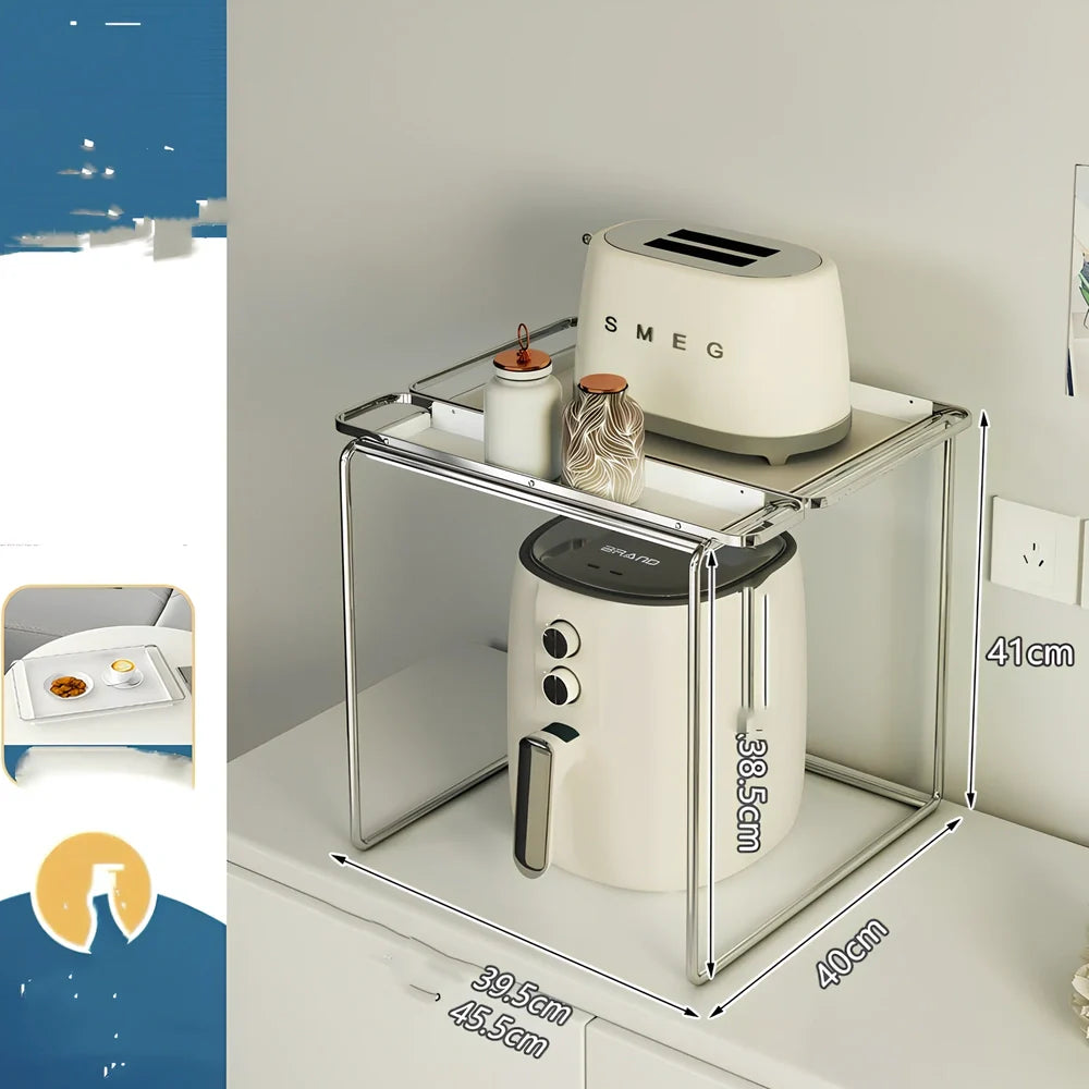 Korean style iron microwave shelf with plating finish and storage tray for kitchen organisation