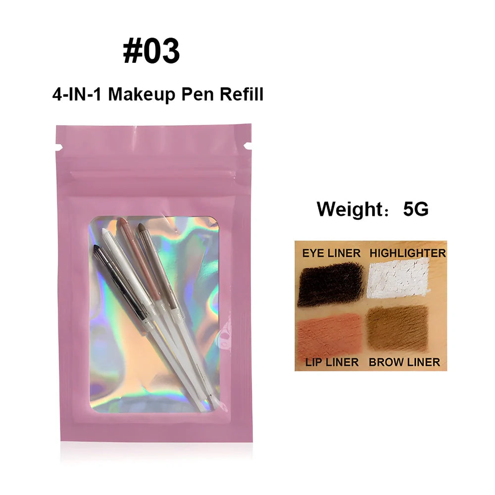 Four-in-one eyebrow pencil showing four colour options in 15cm compact refillable design