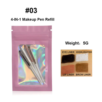 Four-in-one eyebrow pencil showing four colour options in 15cm compact refillable design