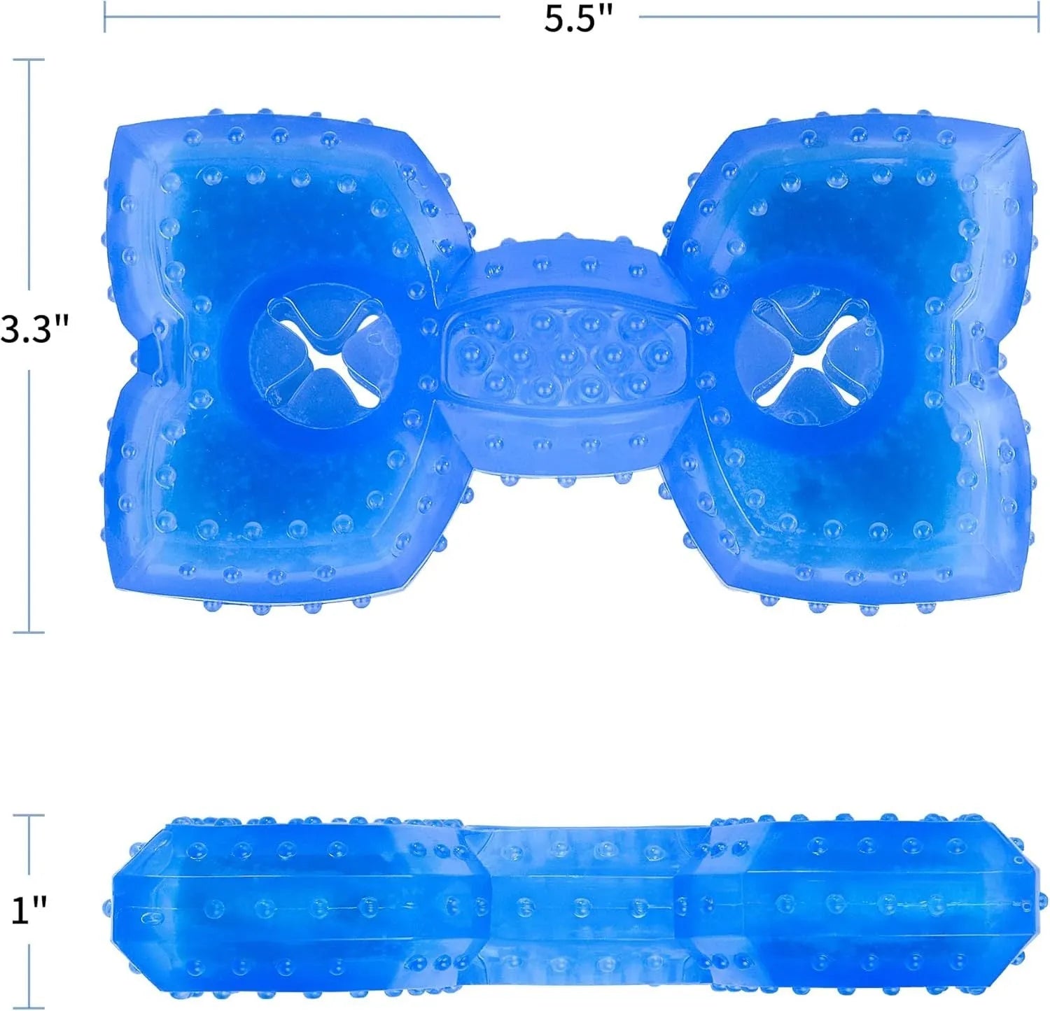 Blue bone-shaped dog teething toy with cooling function and treat compartment for puppies