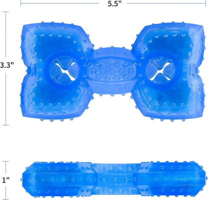 Blue bone-shaped dog teething toy with cooling function and treat compartment for puppies
