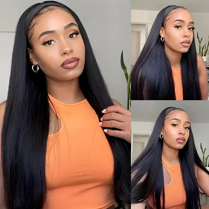 Headband wig with long straight synthetic hair in black colour option