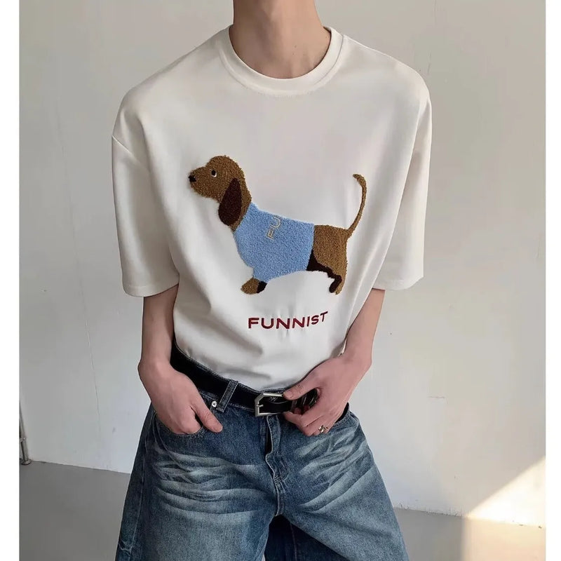Men's Cotton Short Sleeve T-shirt with Sausage Dog Embroidery Design, Available in Black, Grey and White Colours, Casual Pullover Style for Everyday Wear, Sizes M to 2XL with Asian Size Guidance
