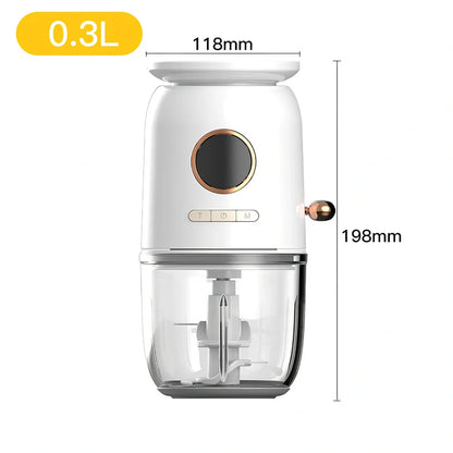 White baby food machine with USB charging cable, 100x100x195mm dimensions