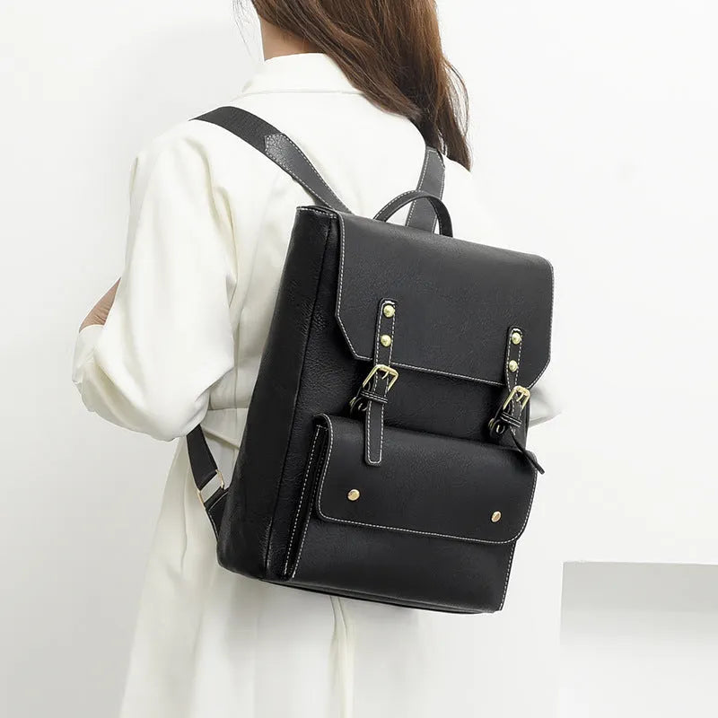 Korean retro style backpack showing ventilation channels on back panel, front view with zipper closed