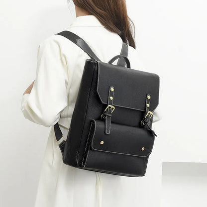 Korean retro style backpack showing ventilation channels on back panel, front view with zipper closed