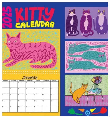 Cat-themed paper wall calendar for 2024 or 2025 year, showing monthly grid with feline artwork.