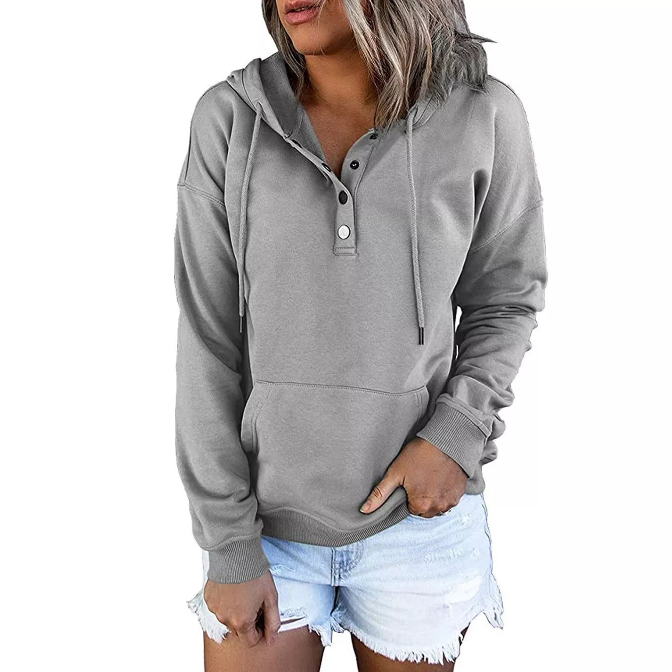 Women's long-sleeved hooded sweatshirt with pockets in various colors
