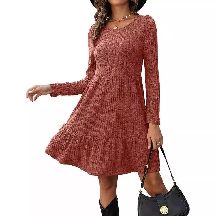 Solid color round neck knitted dress sweater in various colors and sizes