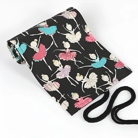 Canvas rolling pencil case with ballet girl print showing elastic loops for pencil storage
