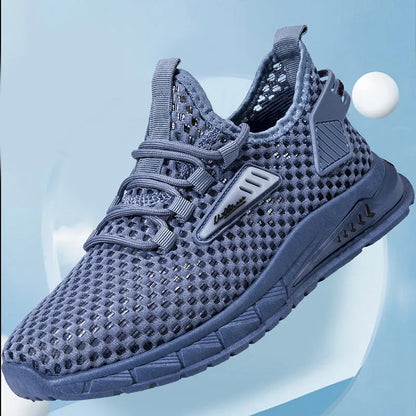 Men's beige mesh breathable sneakers with synthetic leather upper and lace-up closure