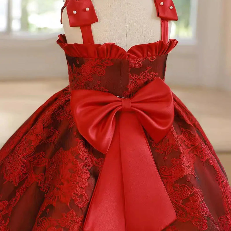 Red Zhuazhou Girls' Braces Skirt: Princess-style dress with 8 height options from 80cm to 150cm, featuring adjustable straps and machine-washable polyester construction