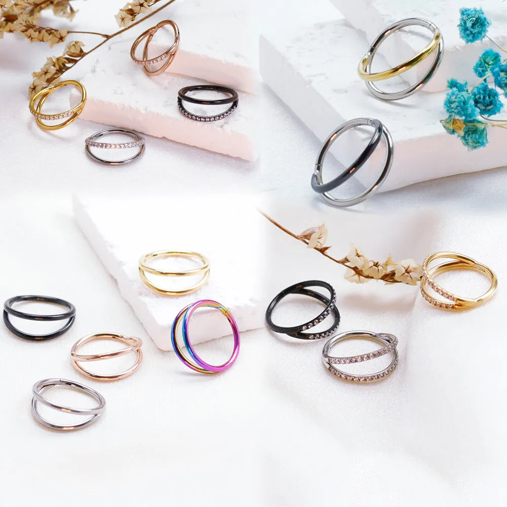 Titanium alloy fork nose ring with diamond treatment in silver finish, showing 1.2mm diameter and fork design
