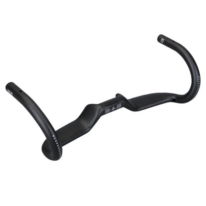 Black carbon fibre road bicycle handlebar showing large-angle outer sweep and 31.8mm clamp area.