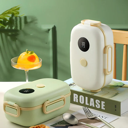 Rectangular lunch box with digital temperature display on lid, green colour, dimensions 235x150x99mm