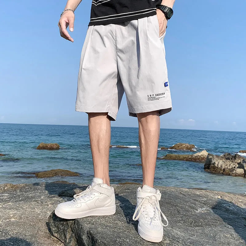 Men's ice silk shorts, thin quick-drying casual pants, mid-waist straight tube, five-quarter length, solid colour