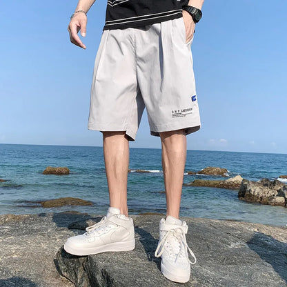 Men's ice silk shorts, thin quick-drying casual pants, mid-waist straight tube, five-quarter length, solid colour