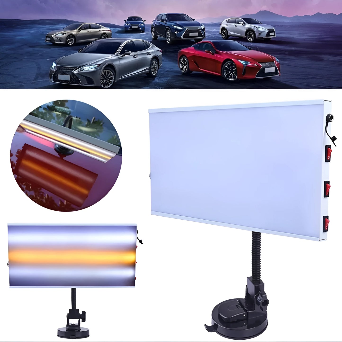 White car depression repair detector kit with concave inspection light tool for vehicle panel analysis