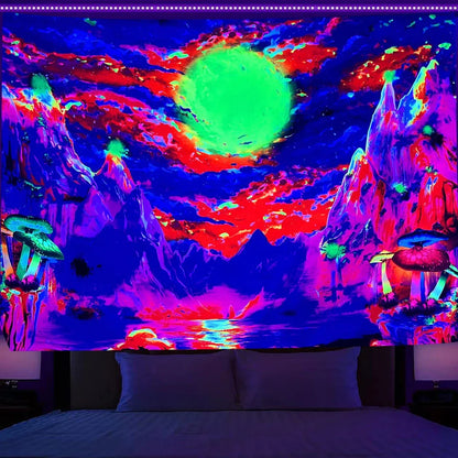 Simple mushroom tree of life fluorescent print polyester tapestry, 150x200cm size hanging on wall with subtle glow