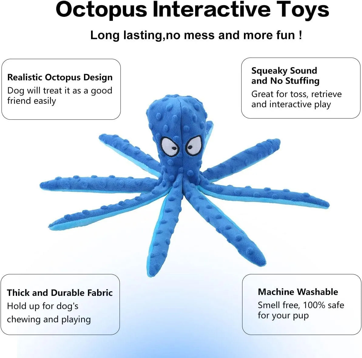 Blue octopus plush dog toy with tentacles, unfilled design with crinkle paper and squeaker sounds