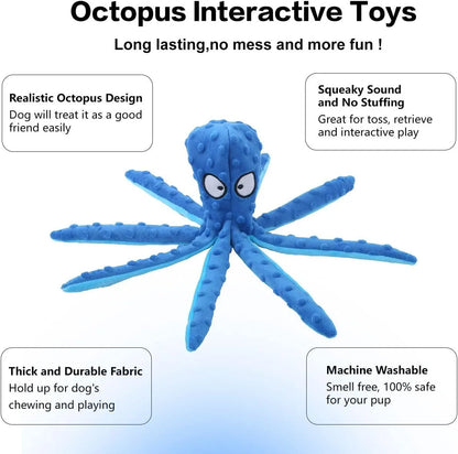 Blue octopus plush dog toy with tentacles, unfilled design with crinkle paper and squeaker sounds