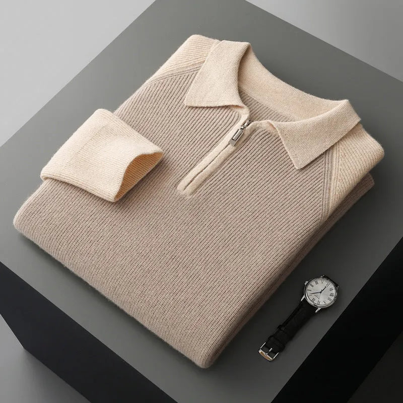 Half Zipper Contrast Colour Lapels Sweater for Men Wool Pullover Thickening Slim Fit Long Sleeve Winter Jumper Sizes S to 3XL Wheat Camel