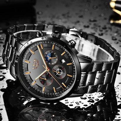 Men's waterproof quartz sports watch with moon display in black and rose red gold