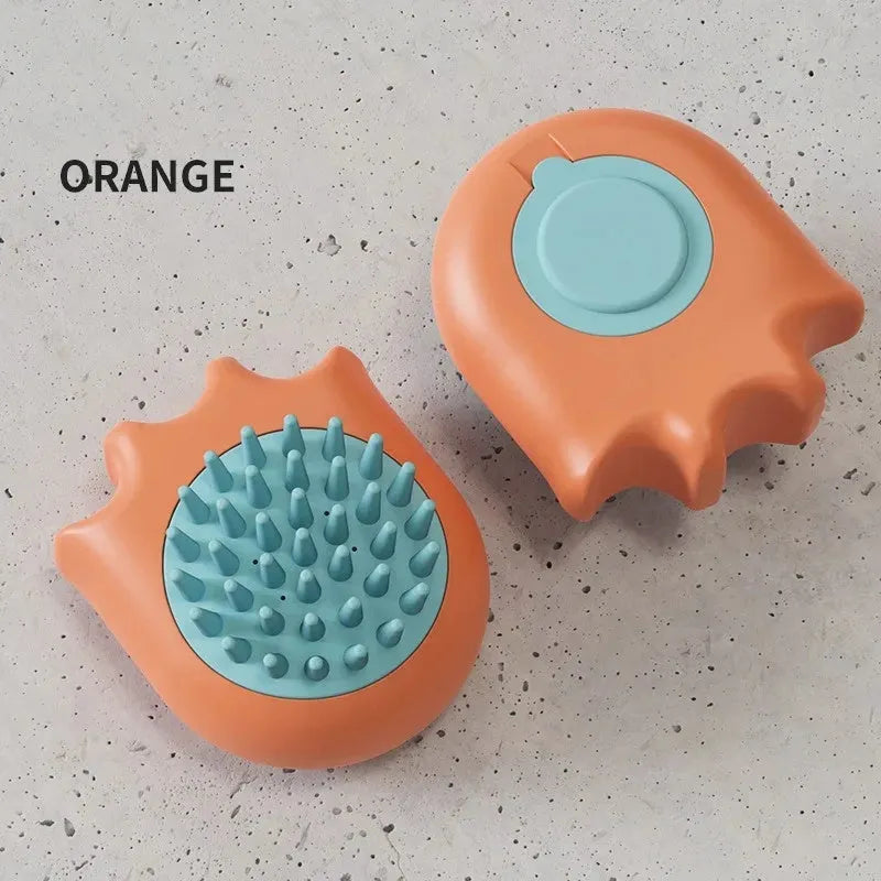 Pet bath brush with built-in shampoo box showing four brush types for dog and cat grooming