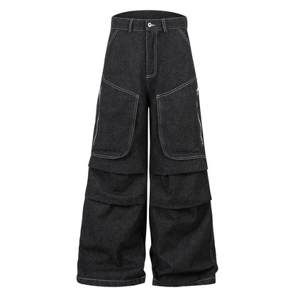 Black multi-pocket pleated workwear jeans with zip fly and straight leg cut