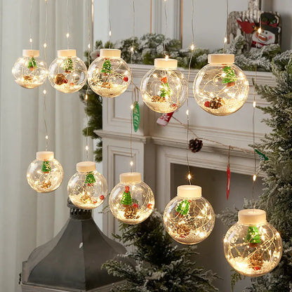 Christmas curtain light set with 10 fairy ball lamps showing snowman, wishing ball and Christmas tree designs