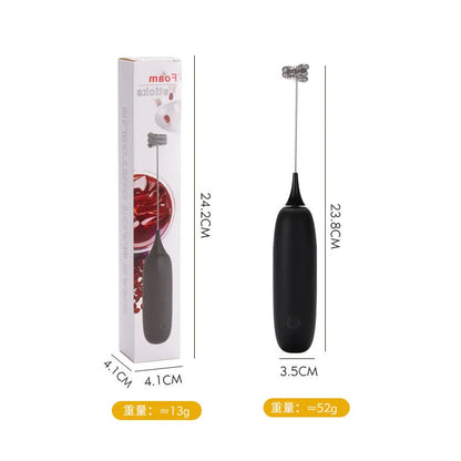 Hand-held electric milk frother in black or white colour, modern design for frothing and blending beverages