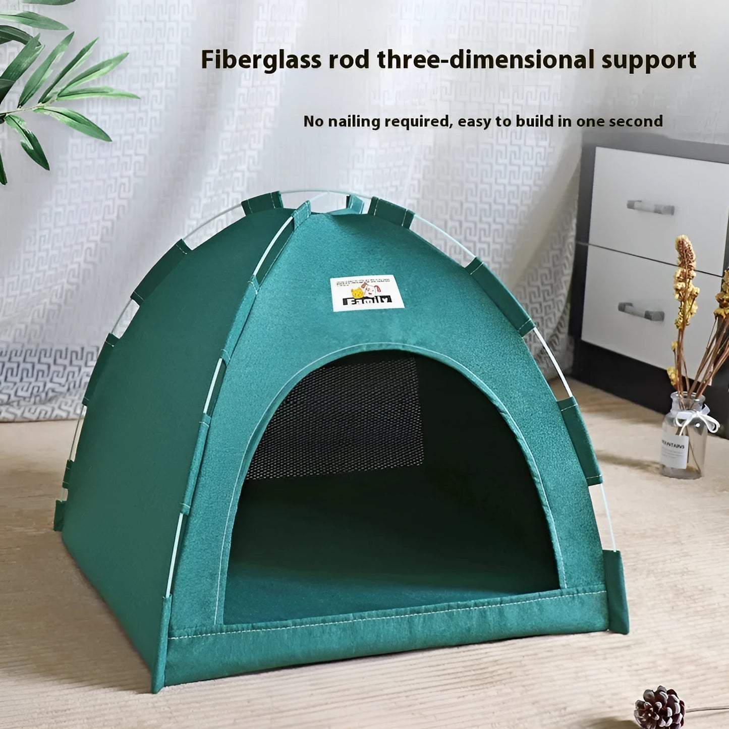 Grey linen-like fabric pet tent for cats and small to medium-sized dogs on a wooden floor.