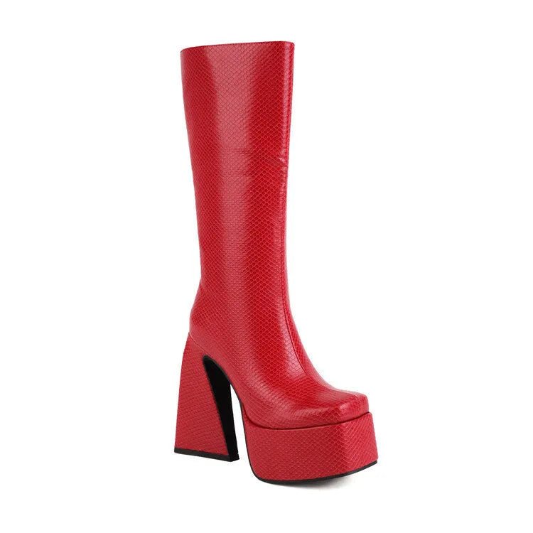 Women's high boots with artificial PU upper in black, red, blue, or white colours, sizes 34-43