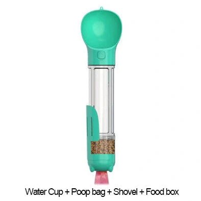 Aquamarine portable dog water bottle with attached poop bag dispenser and treat holder compartment