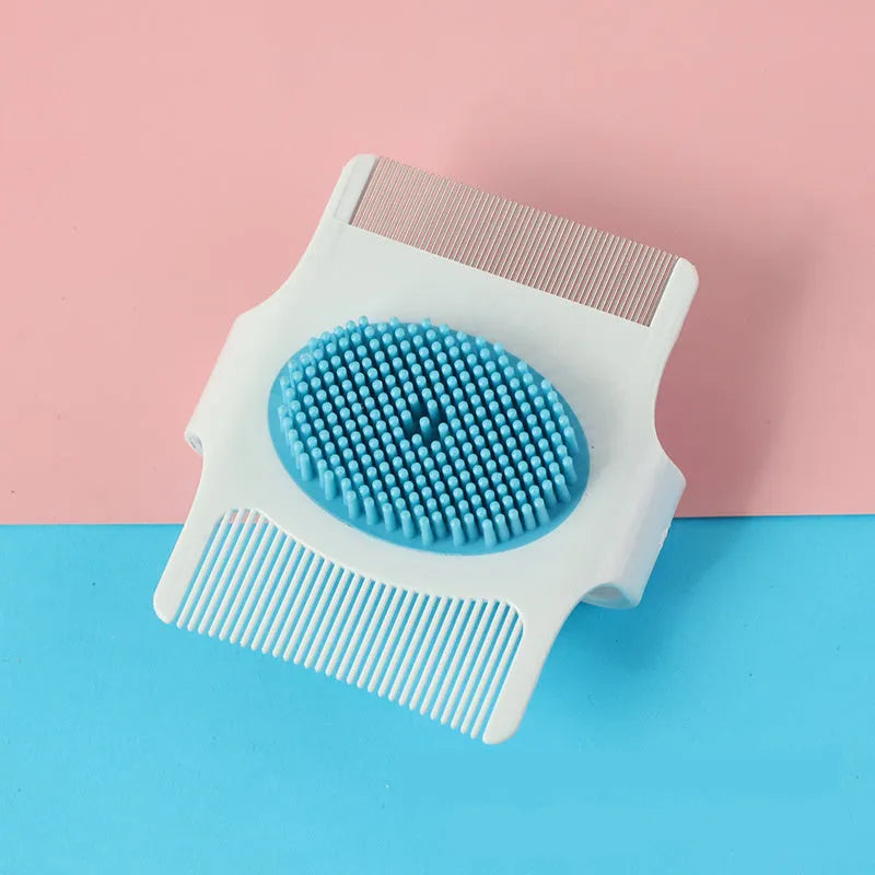 Blue and green multifunctional pet comb with floating hair removal bristles and massage nodes.