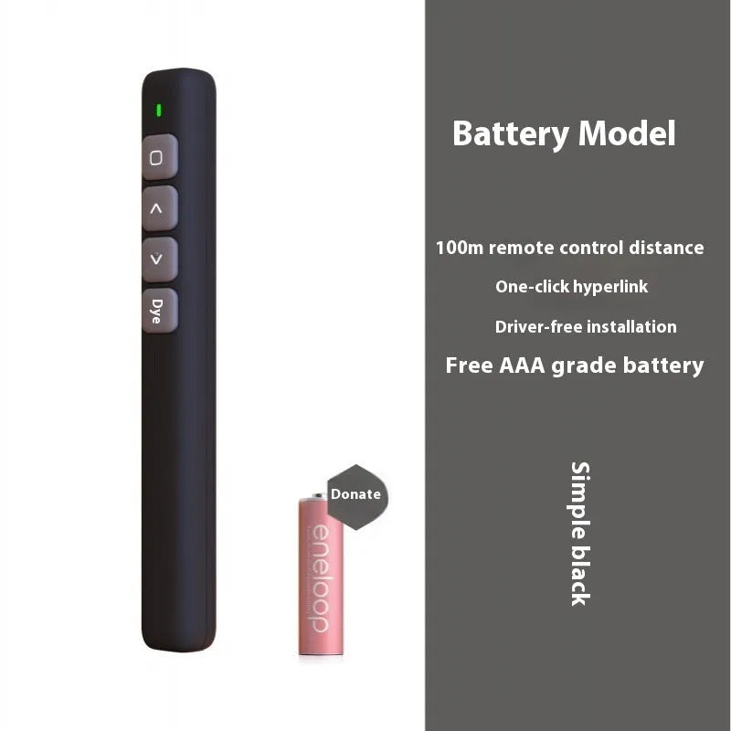 A whiteboard remote control pen for PPT presentations, shown in black, white, and pink colour options.