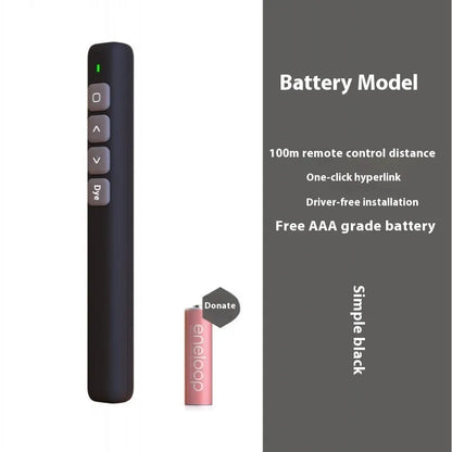 A whiteboard remote control pen for PPT presentations, shown in black, white, and pink colour options.