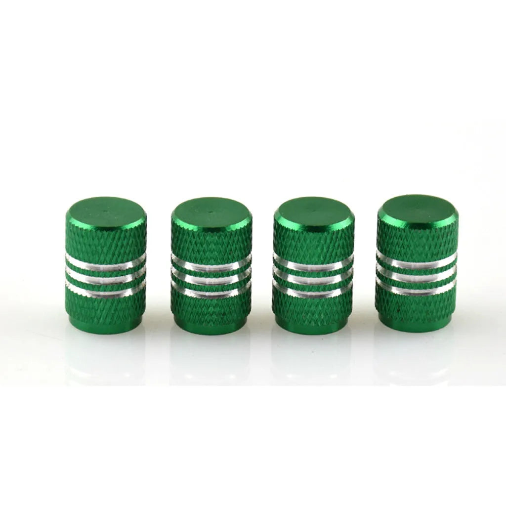 Set of stainless steel car tyre valve caps in multiple colours: black, red, blue, gold, silver, green, purple, sky blue, grey, orange.