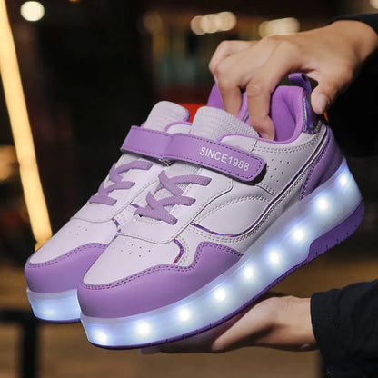 Children's charging flash roller skates with LED lights in pink, white, purple, and black colour options