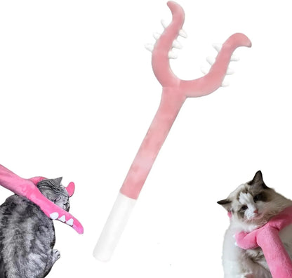 Blue and pink plush cat wand toy with a 70cm length and soft foam-filled head.