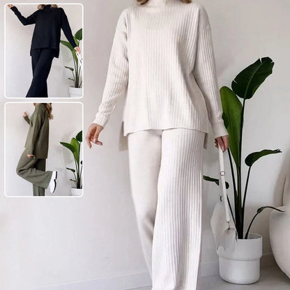 Women's turtleneck knitted suit set with loose split design and straight trousers in white, black, and green