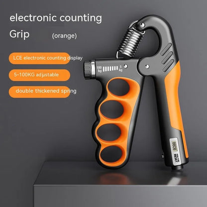 Adjustable electronic count spring gripper in orange, red, or grey with digital display.