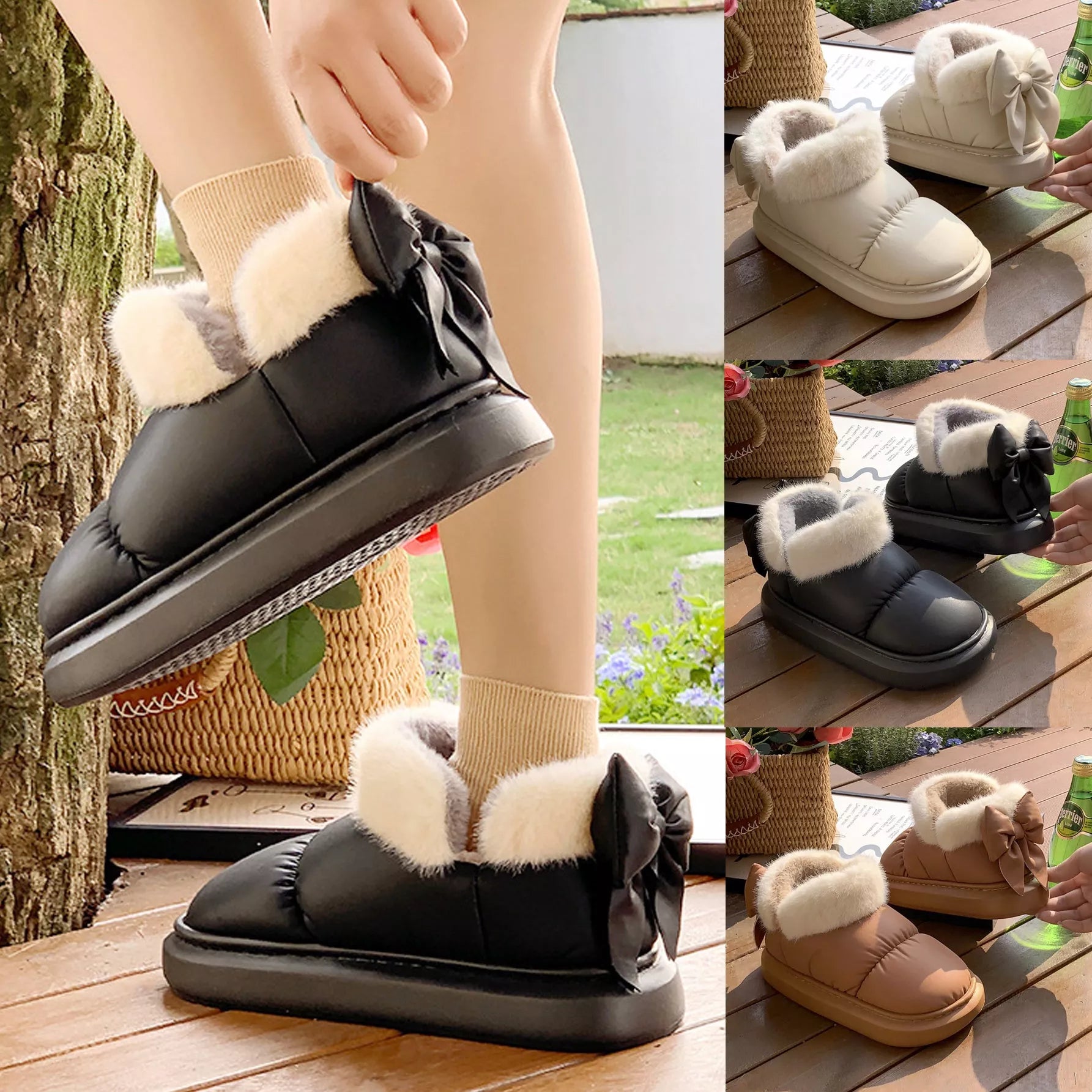 Women's winter ankle boots with non-slip sole and furry bow in white, khaki, and black