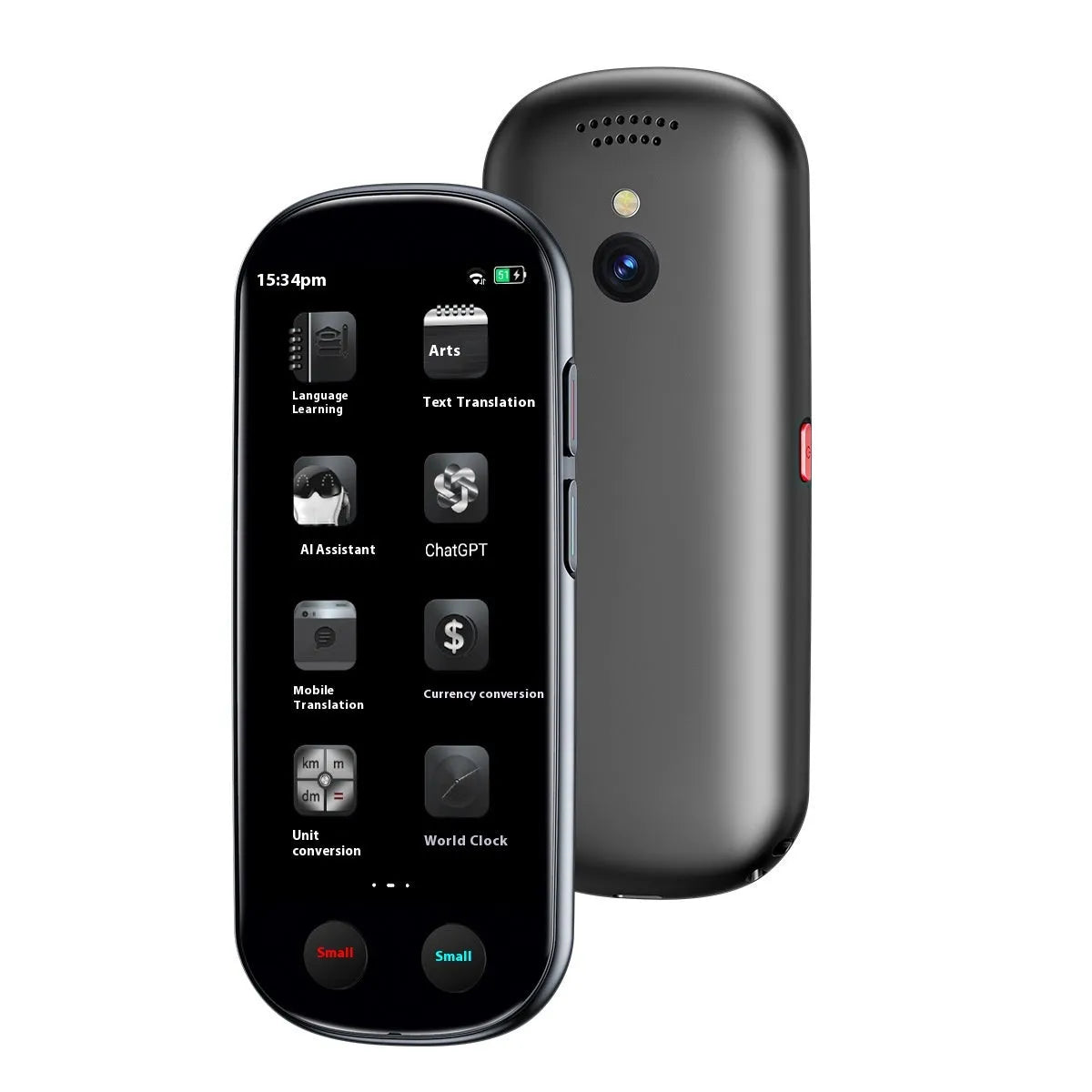 Black multi-language simultaneous interpretation translator device with lanyard and charging cable.