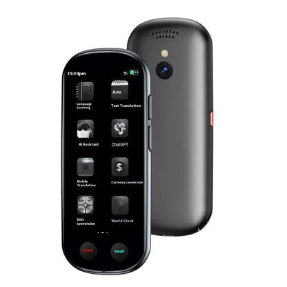 Black multi-language simultaneous interpretation translator device with lanyard and charging cable.
